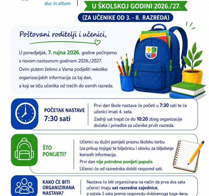 Obavijest o organizaciji prvog dana škole